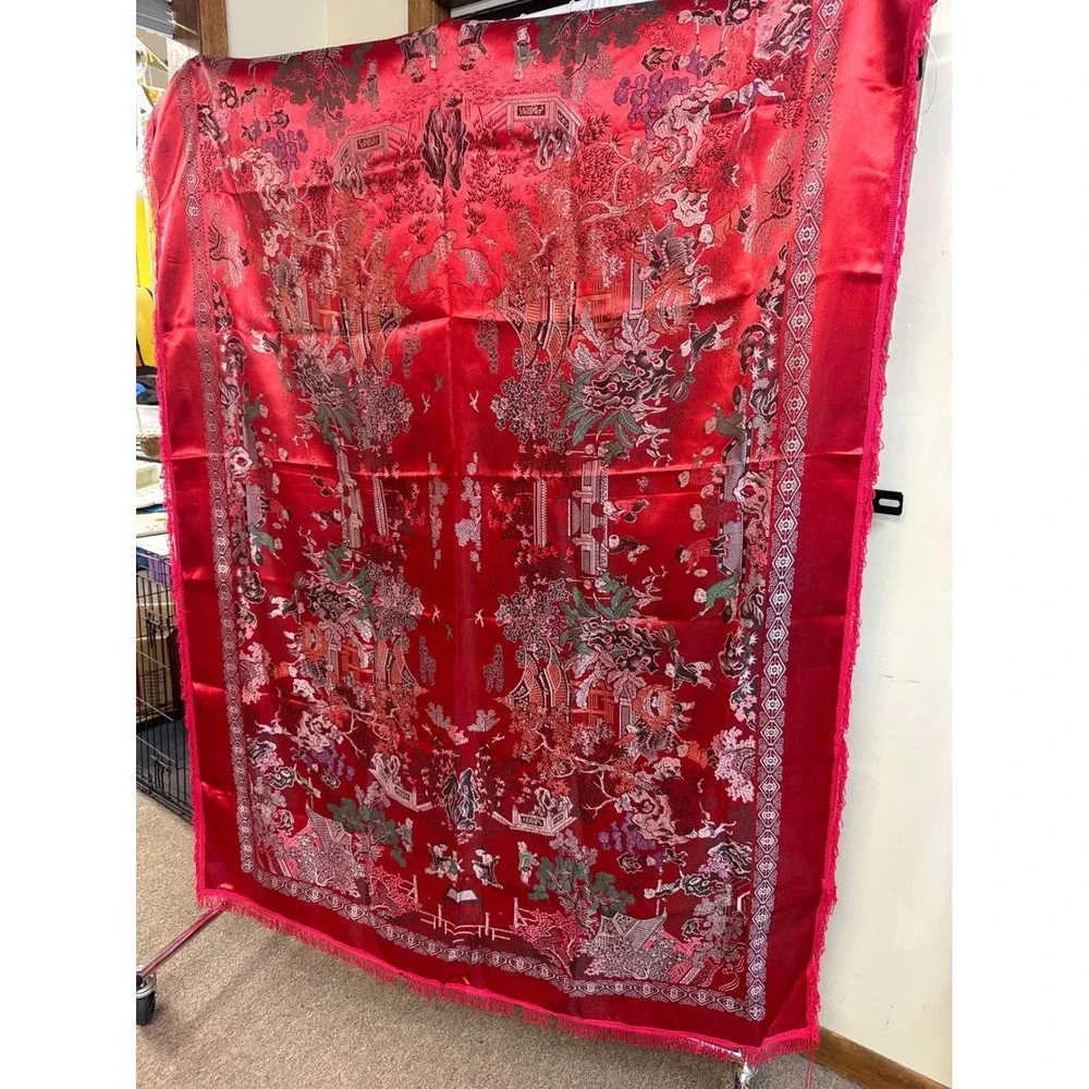Vintage Chinese Red Silk Brocade Tapestry Bedspread Pagoda Scene Fringe 53x77